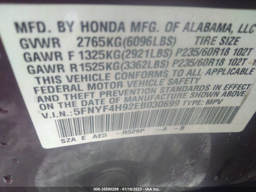 2014 HONDA PILOT TOURING - 5FNYF4H92EB030699
