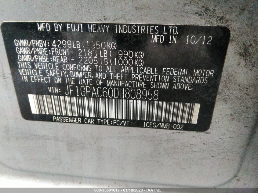2013 SUBARU IMPREZA WAGON 2.0I PREMIUM JF1GPAC60DH808958