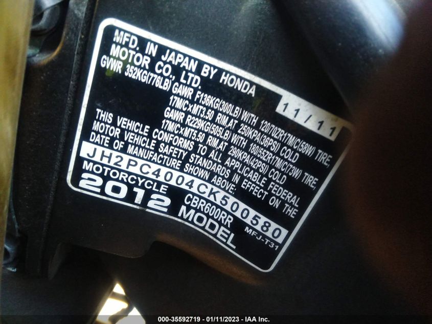 2012 HONDA CBR600 RR JH2PC4004CK500580