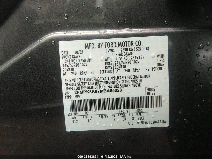 VIN 2FMPK3K97MBA65028 2021 FORD EDGE TITANIUM