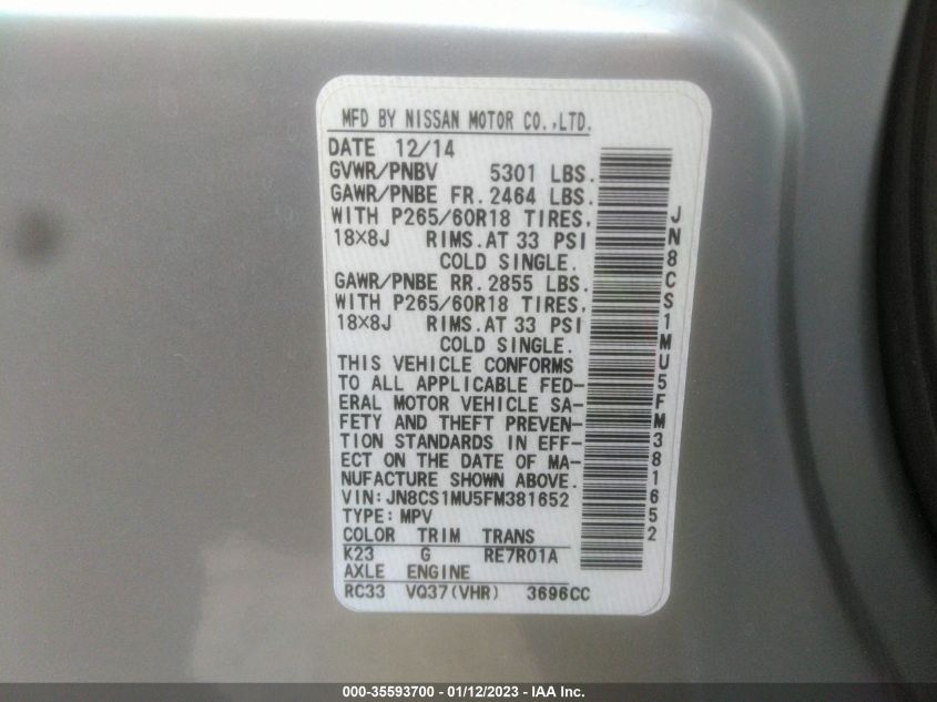 2015 INFINITI QX70 JN8CS1MU5FM381652