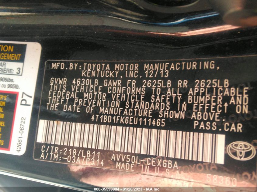 2014 TOYOTA CAMRY HYBRID 4T1BD1FK6EU111465