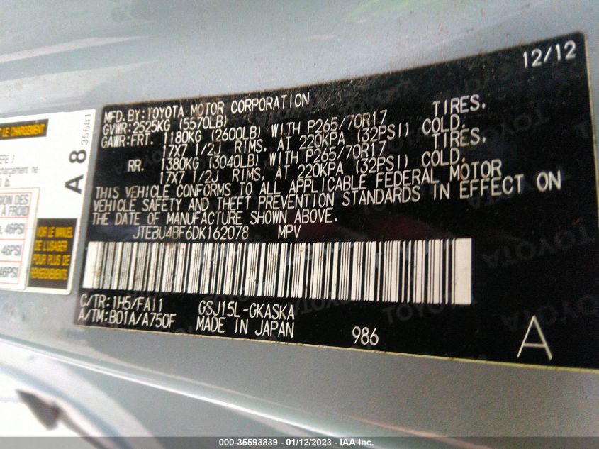 2013 TOYOTA FJ CRUISER JTEBU4BF6DK162078
