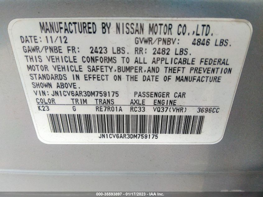 2013 INFINITI G37 SEDAN X JN1CV6AR3DM759175
