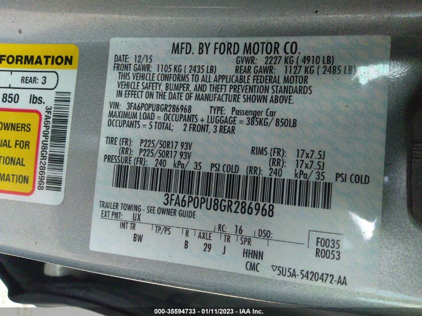 2016 FORD FUSION ENERGI SE LUXURY 3FA6P0PU8GR286968