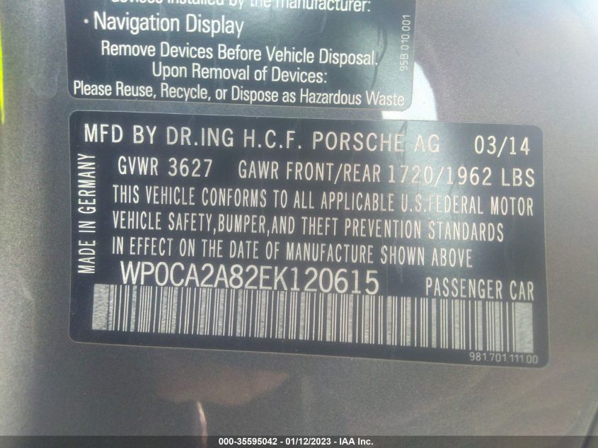 2014 PORSCHE BOXSTER WP0CA2A82EK120615