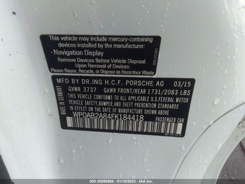2015 PORSCHE CAYMAN S/GTS WP0AB2A84FK184418