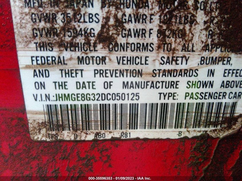 2013 HONDA FIT - JHMGE8G32DC050125