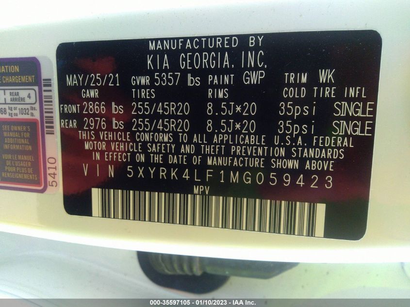 VIN 5XYRK4LF1MG059423 2021 KIA SORENTO no.9