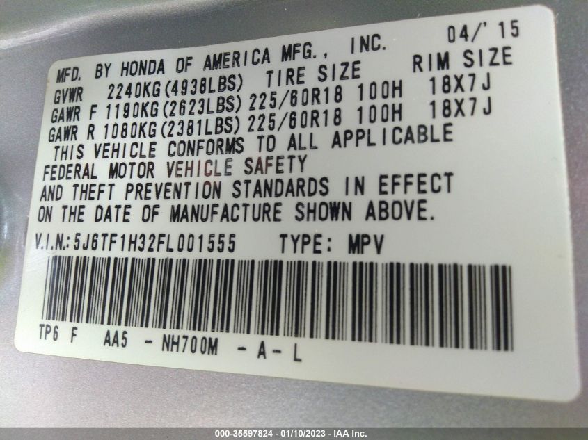 2015 HONDA CROSSTOUR EX 5J6TF1H32FL001555