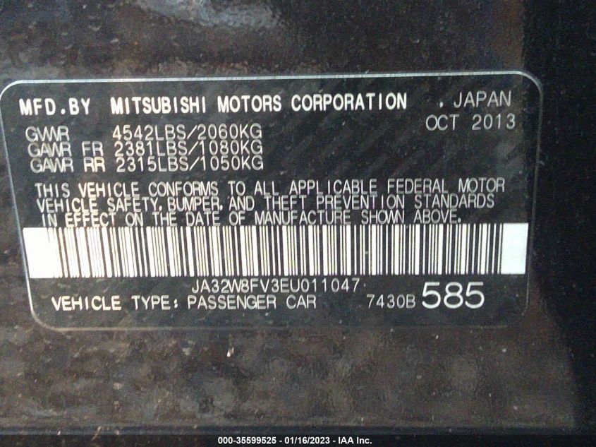 2014 MITSUBISHI LANCER EVOLUTION GSR JA32W8FV3EU011047