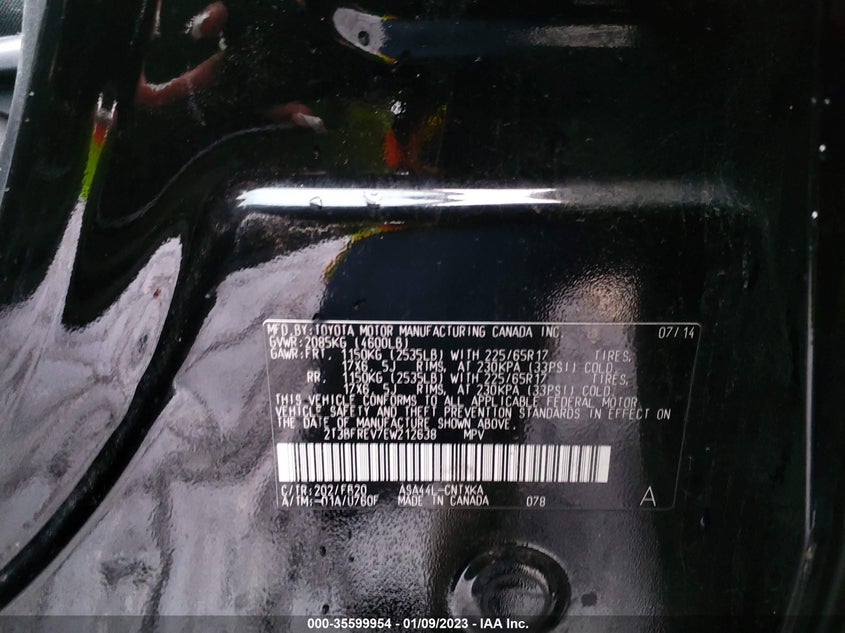 2014 TOYOTA RAV4 VIN: 2T3BFREV7EW212638