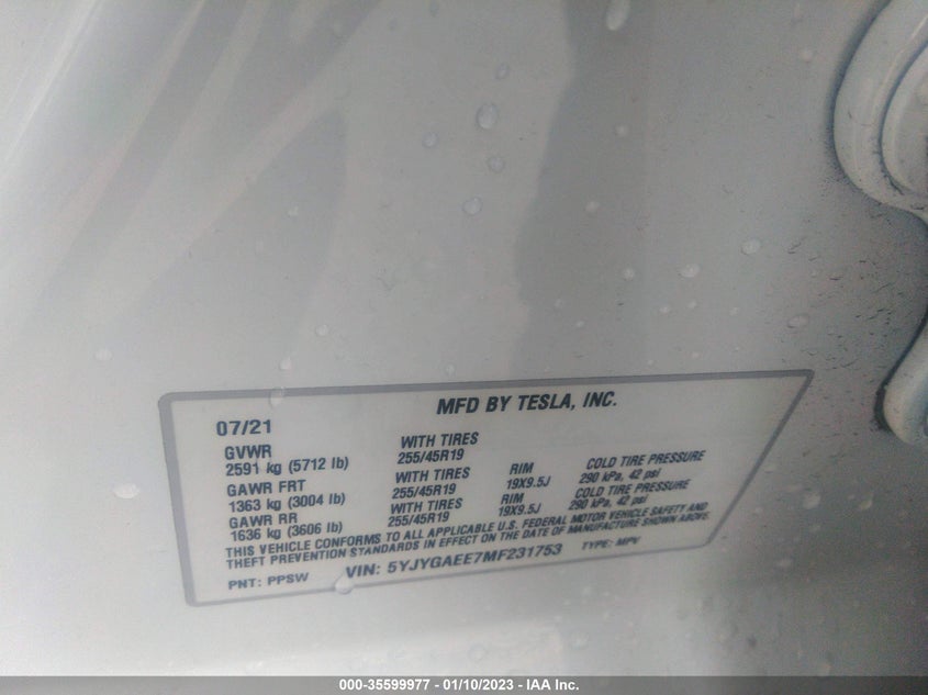 VIN 5YJYGAEE7MF231753 2021 TESLA MODEL Y LONG RANGE