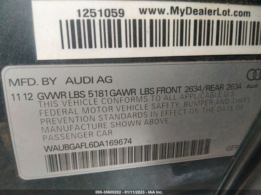 2013 AUDI S4 PREMIUM PLUS WAUBGAFL6DA169674