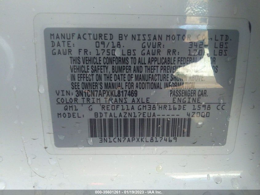 VIN 3N1CN7APXKL817469 2019 NISSAN VERSA SEDAN S PLUS