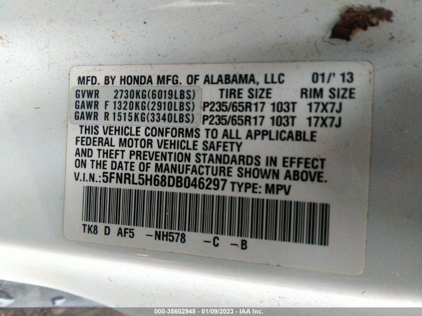 VIN 5FNRL5H68DB046297 2013 HONDA ODYSSEY no.9