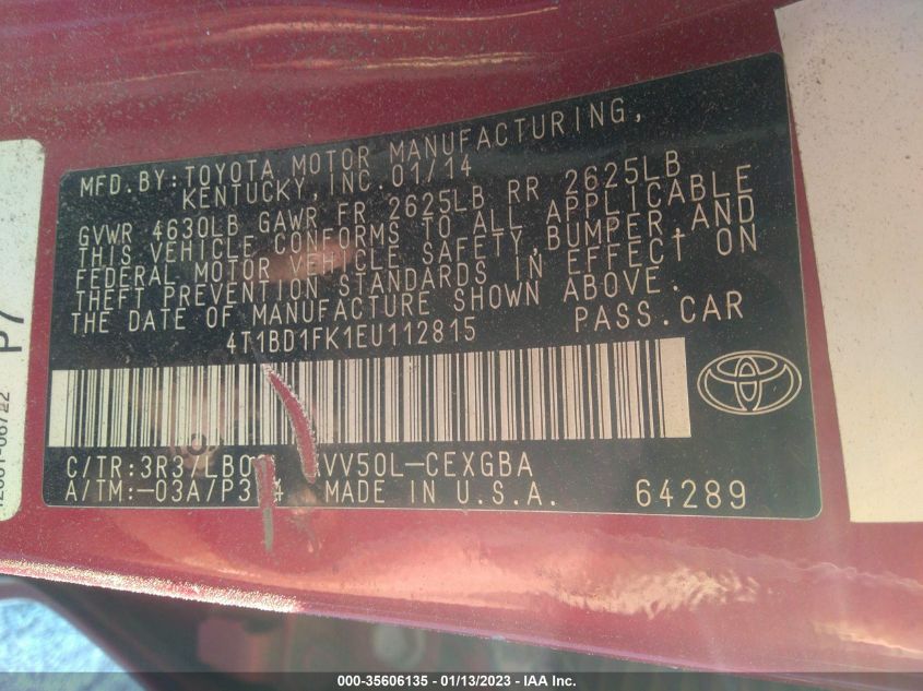 2014 TOYOTA CAMRY HYBRID 4T1BD1FK1EU112815