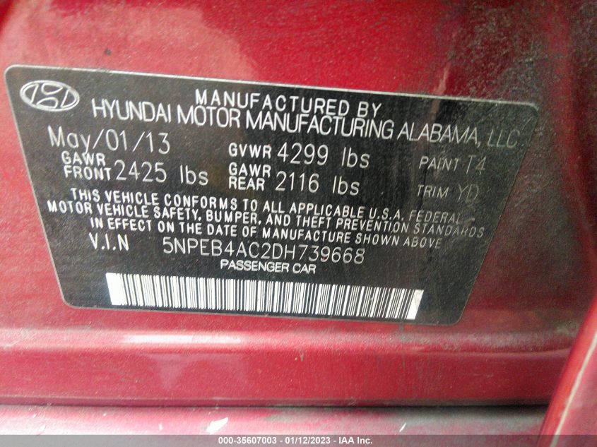 VIN 5NPEB4AC2DH739668 2013 HYUNDAI SONATA no.9