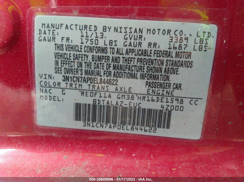 2014 NISSAN VERSA S PLUS - 3N1CN7AP0EL844622