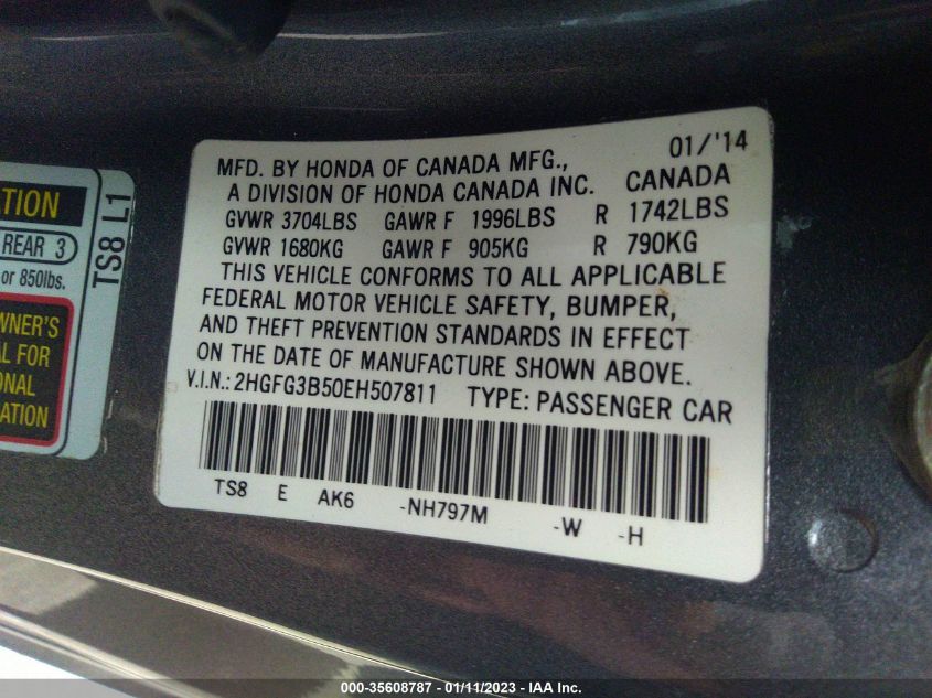 2014 HONDA CIVIC COUPE LX 2HGFG3B50EH507811