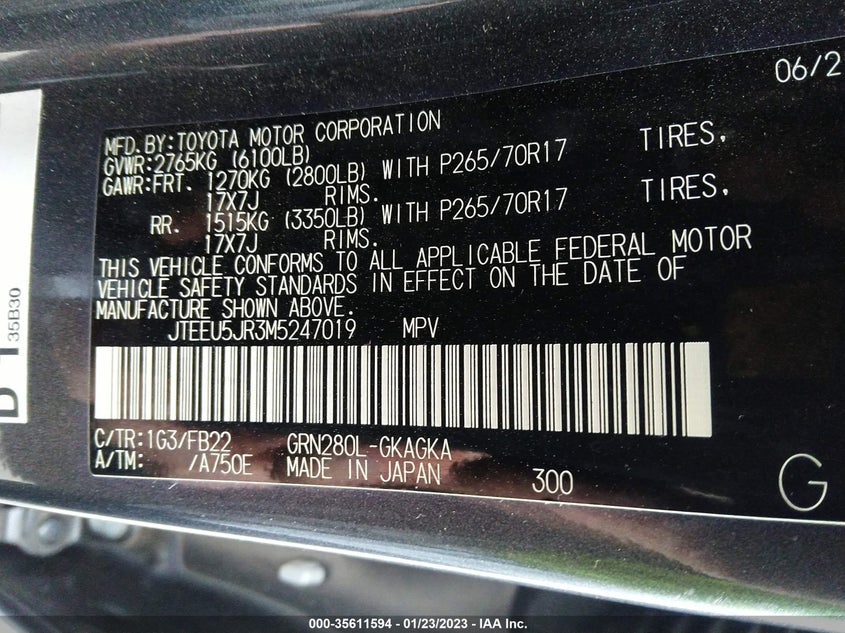 VIN JTEEU5JR3M5247019 2021 TOYOTA 4RUNNER SR5