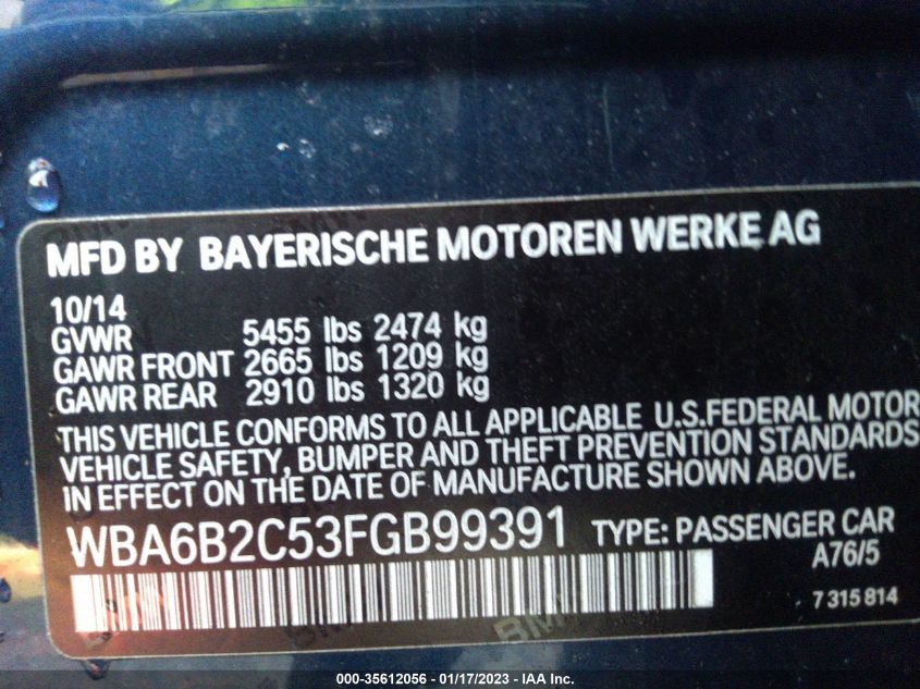 2015 BMW 6 SERIES 650I - WBA6B2C53FGB99391