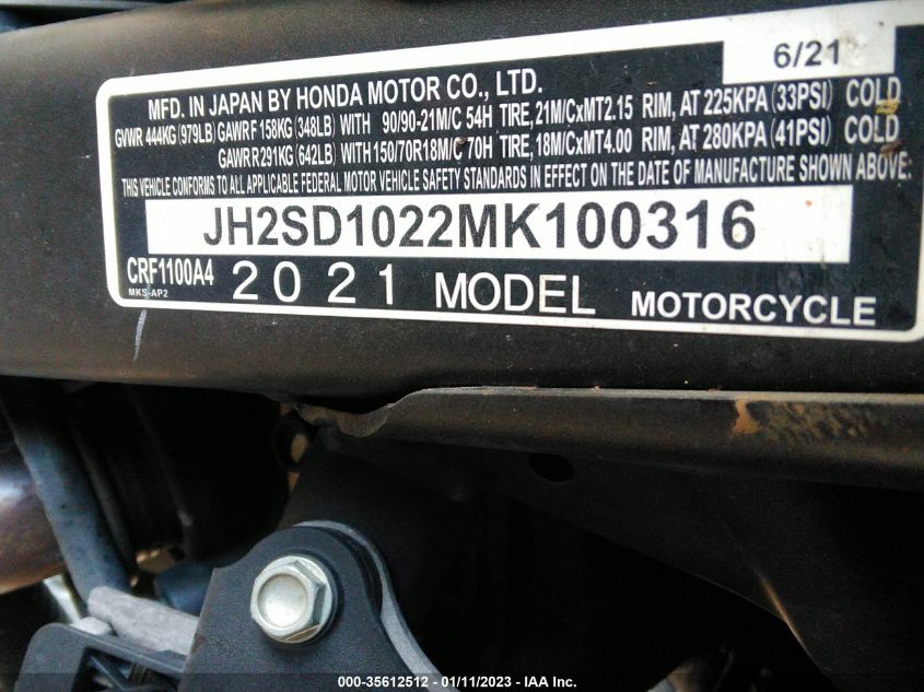 2021 HONDA CRF1100 A4 JH2SD1022MK100316