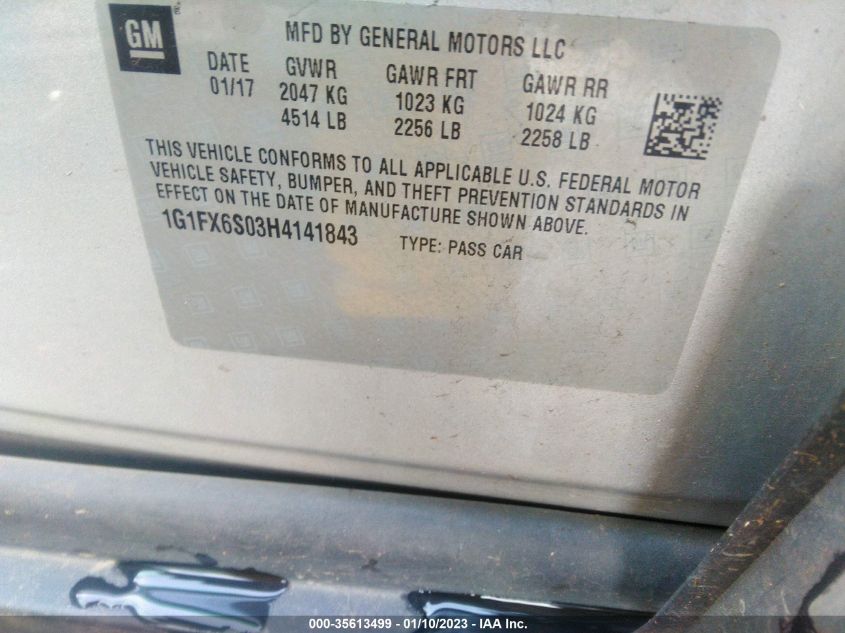 2017 CHEVROLET BOLT EV PREMIER 1G1FX6S03H4141843