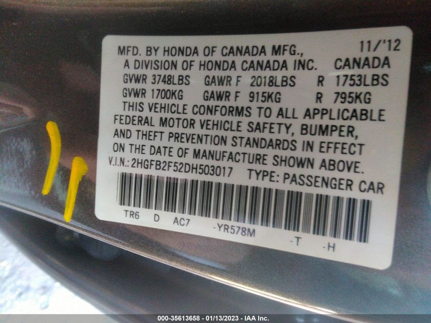 2013 HONDA CIVIC SDN LX 2HGFB2F52DH503017