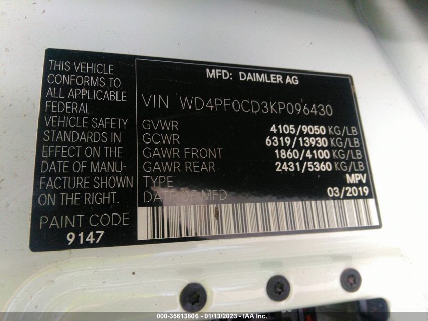 2019 MERCEDES-BENZ SPRINTER 2500 STANDARD ROOF V6/HIGH ROOF V6 - WD4PF0CD3KP096430