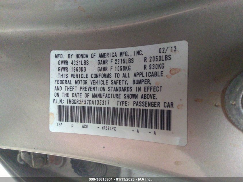 2013 HONDA ACCORD SDN SPORT 1HGCR2F57DA135317