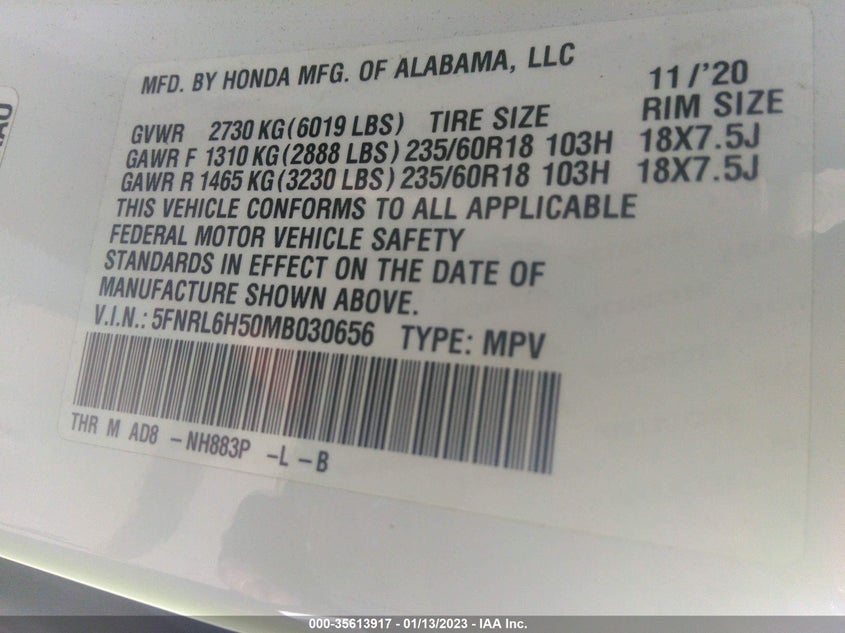 VIN 5FNRL6H50MB030656 2021 HONDA ODYSSEY EX