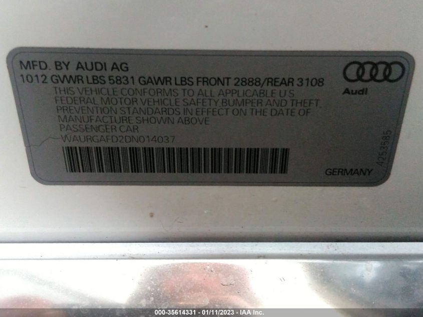 2013 AUDI A8 L 3.0L WAURGAFD2DN014037