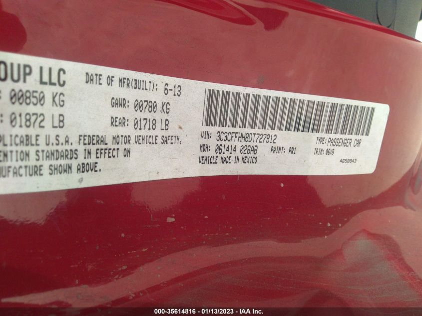 2013 FIAT 500 TURBO 3C3CFFHH8DT727912