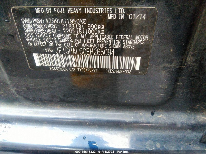 2014 SUBARU IMPREZA WAGON 2.0I SPORT PREMIUM - JF1GPAL60EH265094