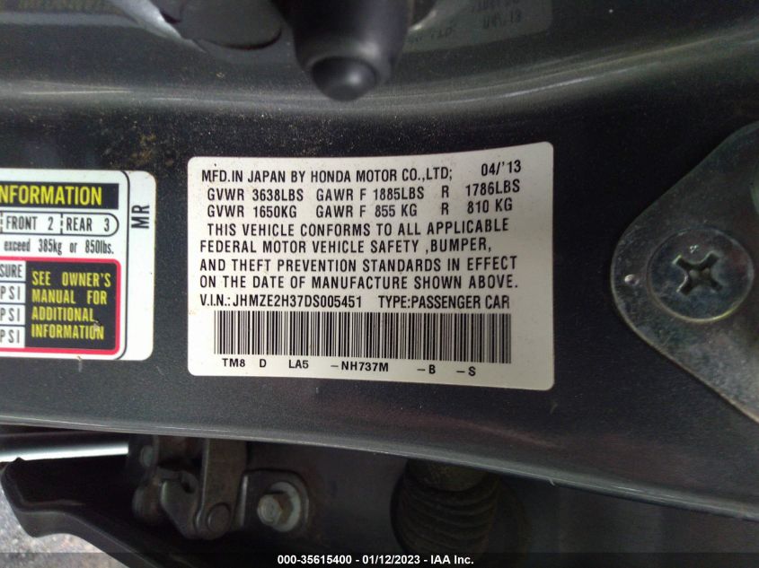 2013 HONDA INSIGHT JHMZE2H37DS005451