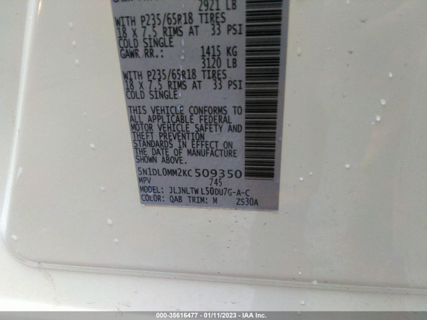 VIN 5N1DL0MM2KC509350 2019 INFINITI QX60 LUXE