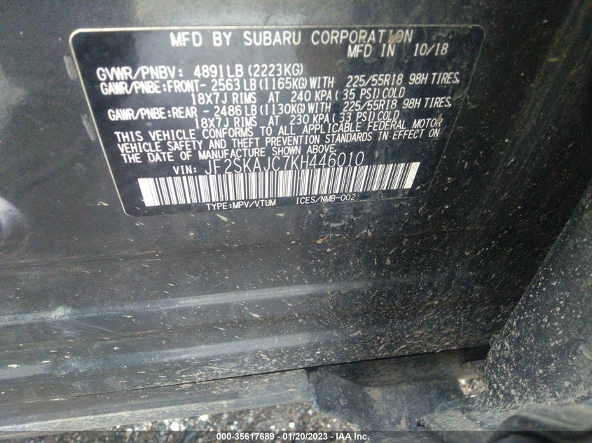 VIN JF2SKAJC7KH446010 2019 SUBARU FORESTER SPORT