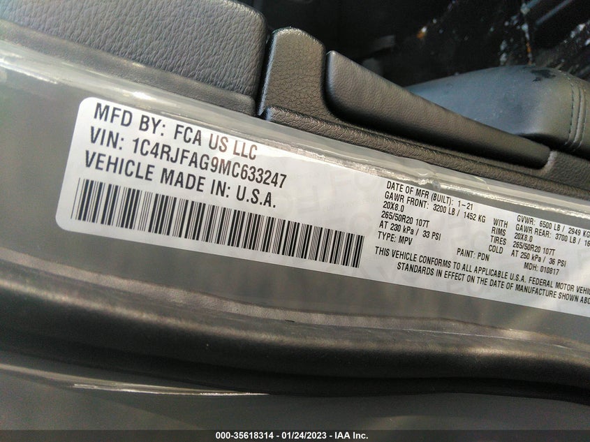 VIN 1C4RJFAG9MC633247 2021 JEEP GRAND CHEROKEE LAREDO X