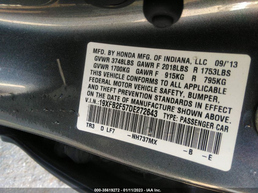 2013 HONDA CIVIC SDN LX 19XFB2F57DE272643