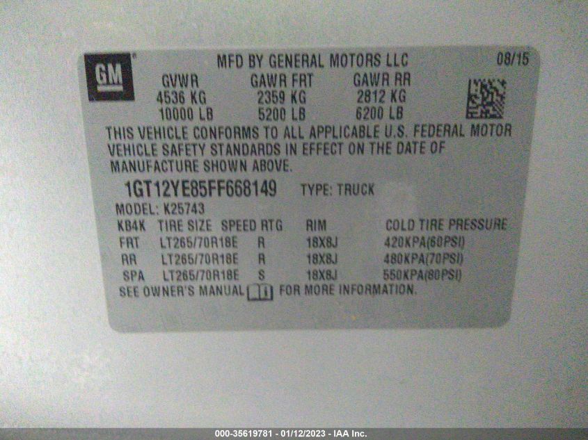 2015 GMC SIERRA 2500HD SLE 1GT12YE85FF668149