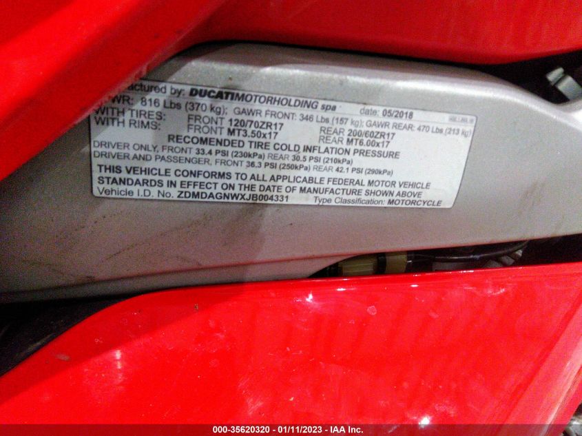 2018 DUCATI PANIGALE V4/V4S/V4S SPECIALE ZDMDAGNWXJB004331