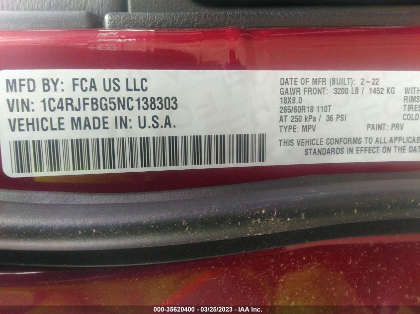 2022 JEEP GRAND CHEROKEE WK LIMITED 1C4RJFBG5NC138303
