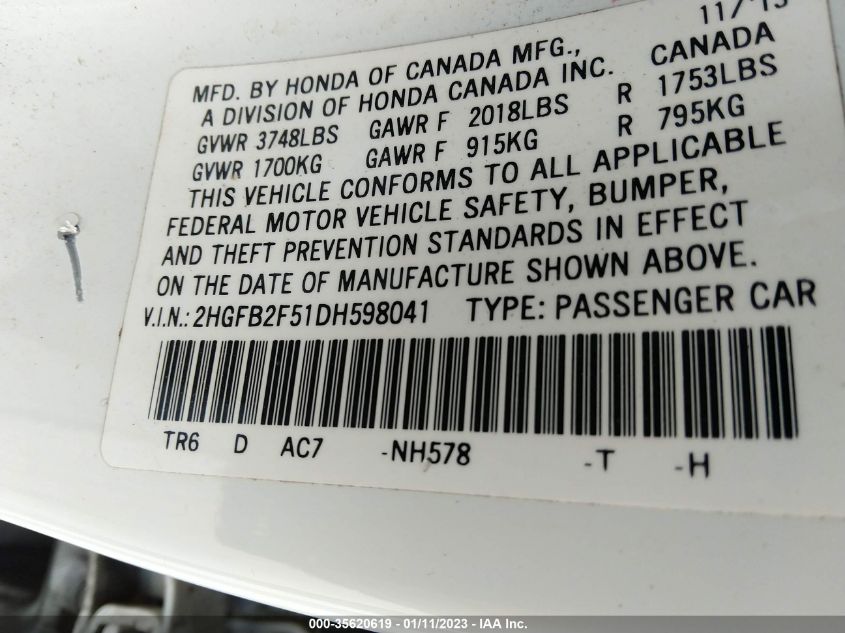 2013 HONDA CIVIC SDN LX 2HGFB2F51DH598041