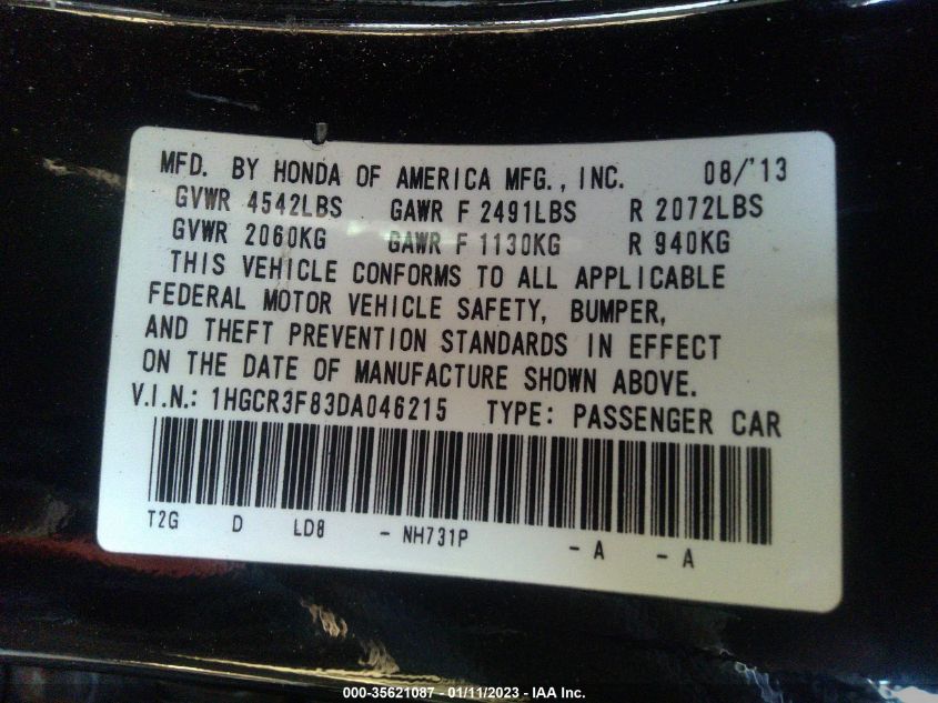 2013 HONDA ACCORD SDN EX-L 1HGCR3F83DA046215