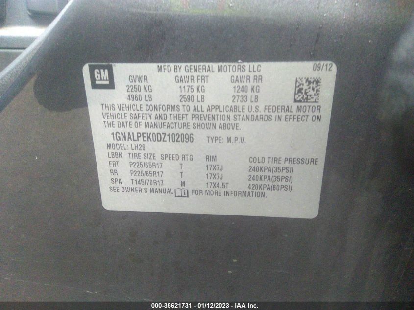 2013 CHEVROLET EQUINOX LT - 1GNALPEK0DZ102096