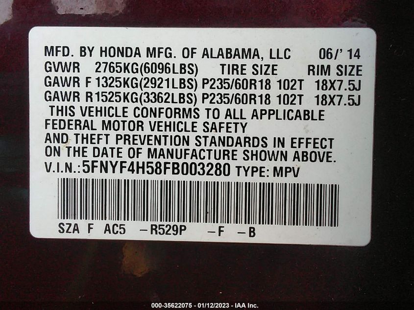 2015 HONDA PILOT EX-L - 5FNYF4H58FB003280