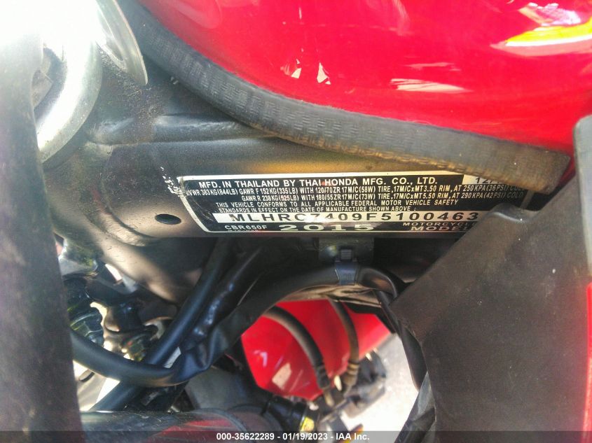 2015 HONDA CBR650 F MLHRC7409F5100463