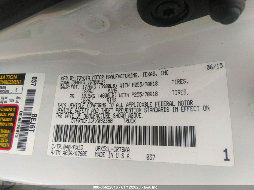 2015 TOYOTA TUNDRA 2WD TRUCK SR/SR5 - 5TFRM5F13FX092388