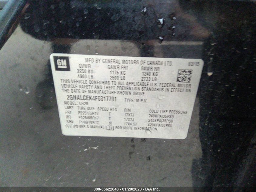 2015 CHEVROLET EQUINOX LT - 2GNALCEK4F6317701